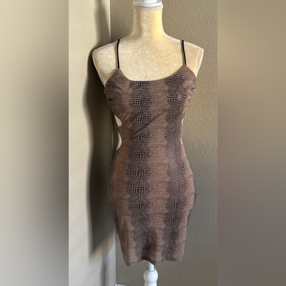 A3 Design Backless Snake Print Dress - Black and Brown size S